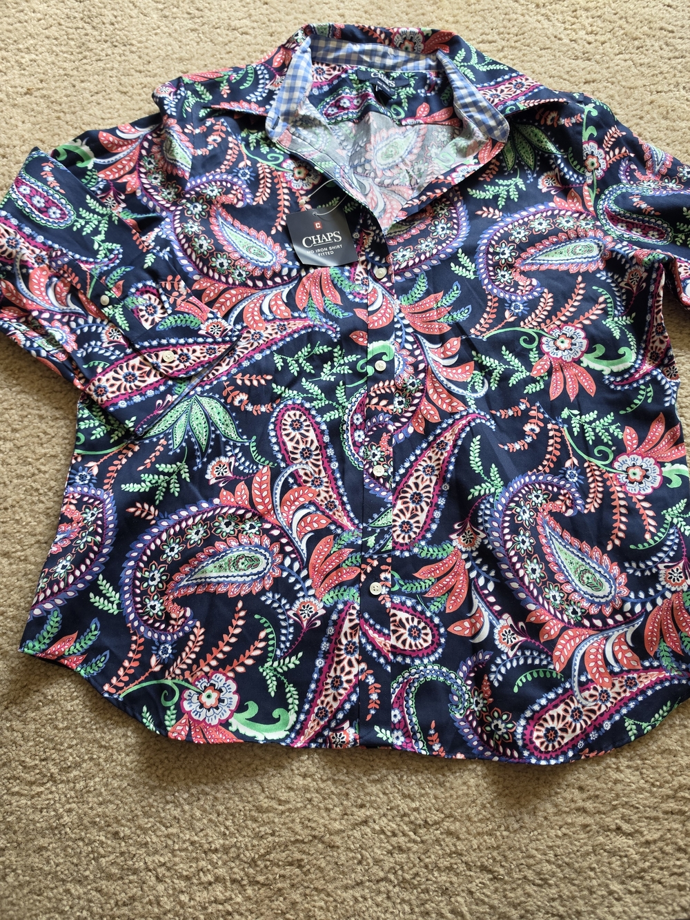 Chaps Women's Navy Paisley Button-Up Shirt 3/4 Sleeve- Navy/Multi